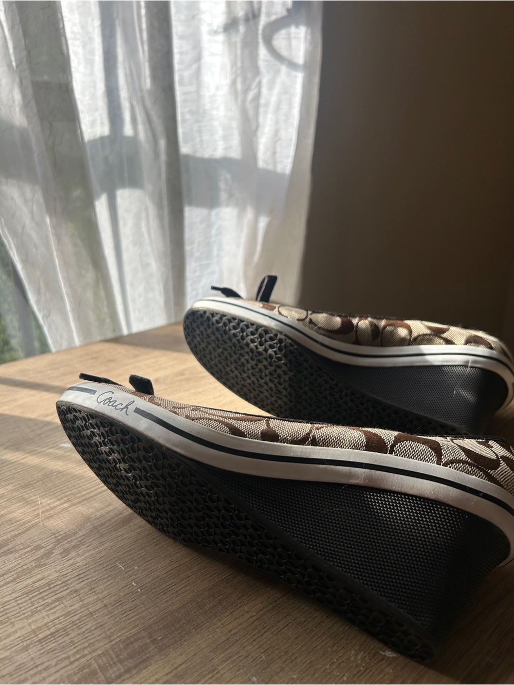 Coach Brown Signature Canvas Wedge Pumps with Bow Accent - Picture 5 of 8